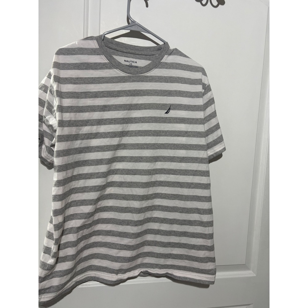 Nautica Mens Large Grey White‎ Striped Short Sleeve Cotton T-Shirt Crewneck Logo - Picture 2 of 4